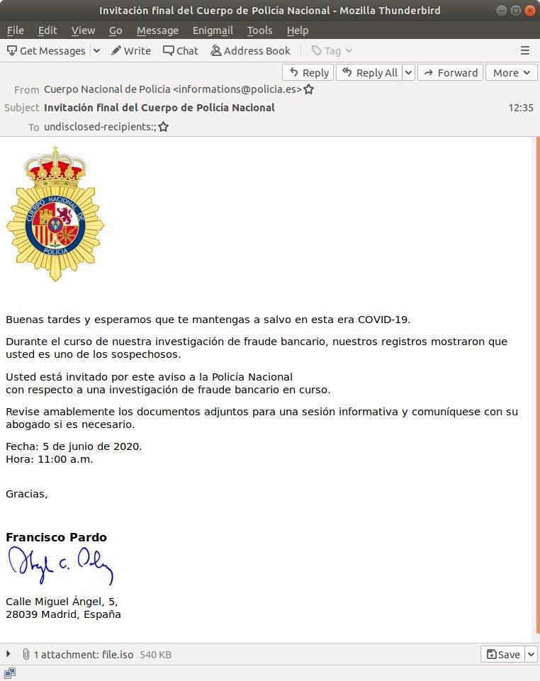 Correo malicioso suplantando a la Policía