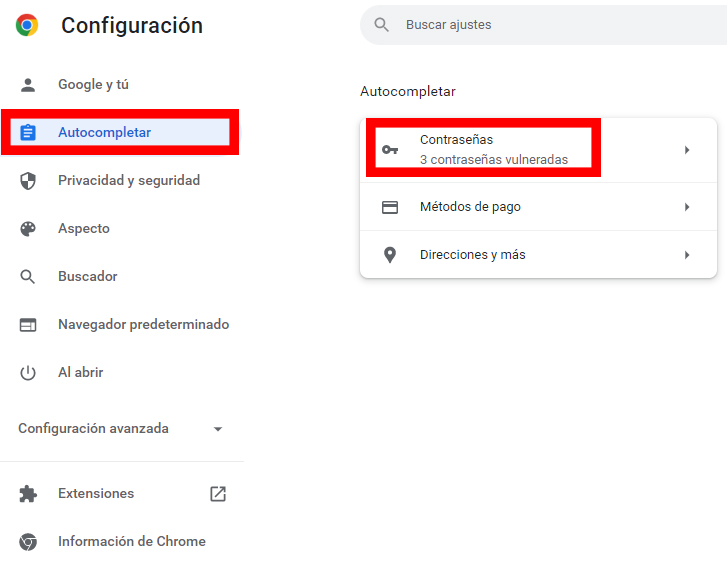 Comprobar contraseñas en Google